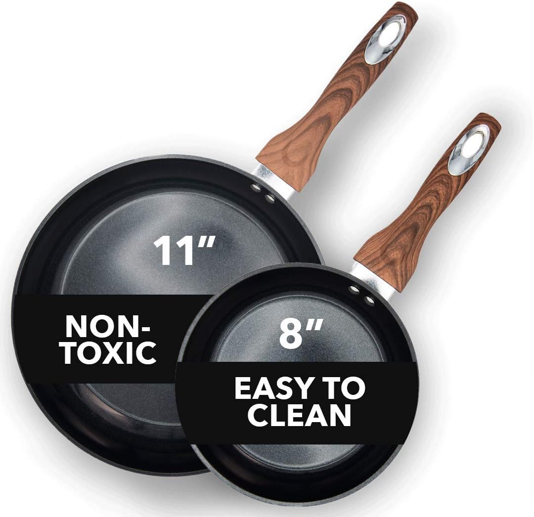 Phantom Chef 8” & 11 Frying Pan Set | Pure Aluminum Nonstick Frying Pan Set With Easy Clean Ceramic Coating | Soft Touch Stay Cool Handle | PTFE PFOA Lead and Cadmium Free Fry Pan | 2 Piece | Yellow