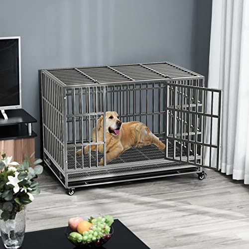 LEMBERI 48/38 inch Heavy Duty Indestructible Dog Crate, Escape Proof Dogs Cage Kennel with Lockable Wheels,High Anxiety Double Door Kennel,Extra Large Crate Indoor for Large Dog with Removable Tray