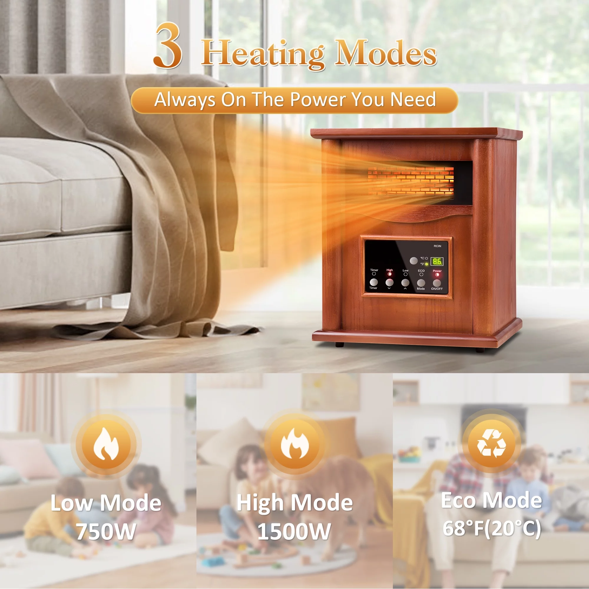 LifePlus 1500W Electric Infrared Quartz Space Heater for Indoor Use w/ LED Digital Screen, Remote Control, 12H Timer