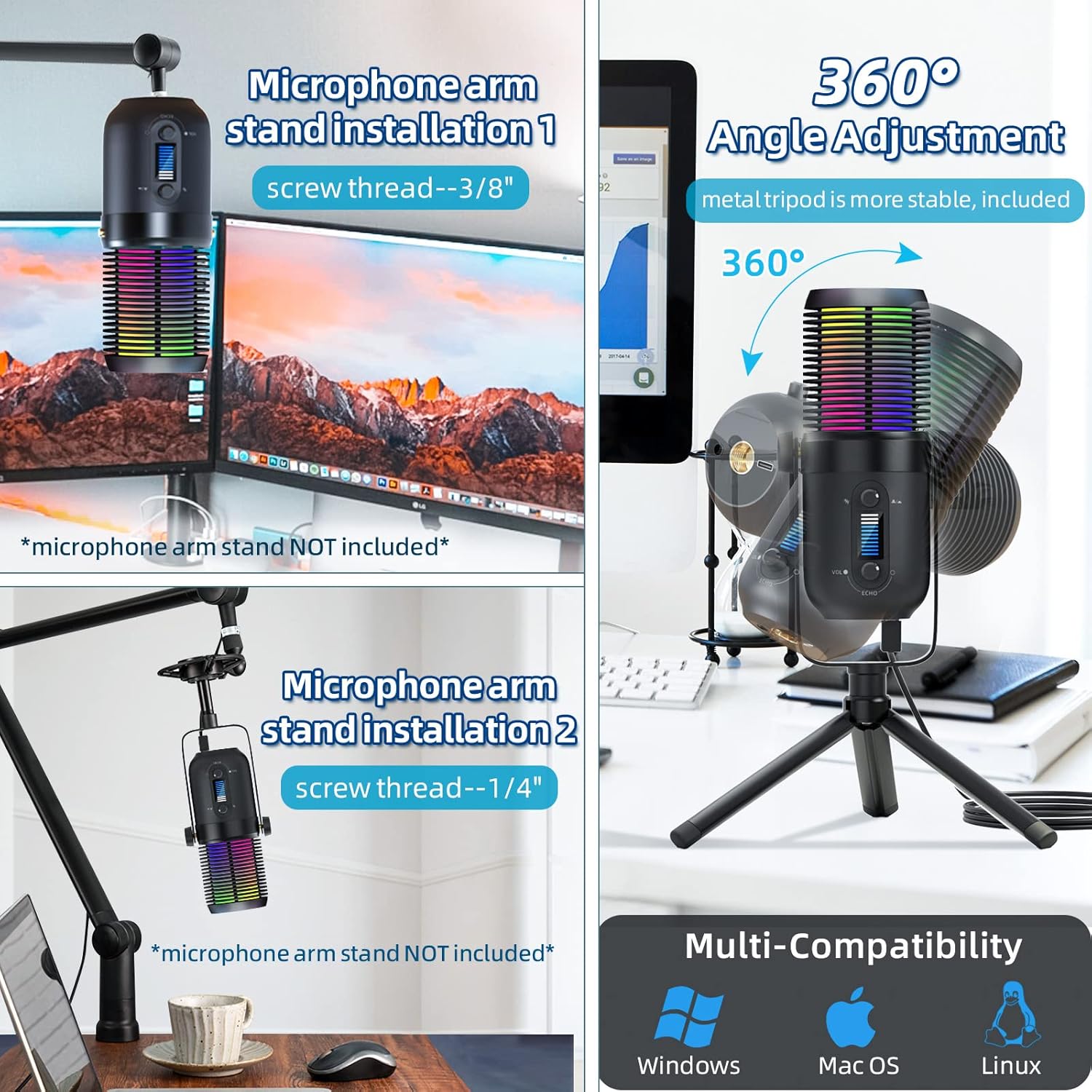 USB Microphone for PC, RGB Gaming Desktop Microphone Condenser Mic with Tripod Stand for Streaming, Studio Recording, Podcast, Computer Cardioid Condenser mic Compatible with Flexible Boom Arm Stand… Pack of 2