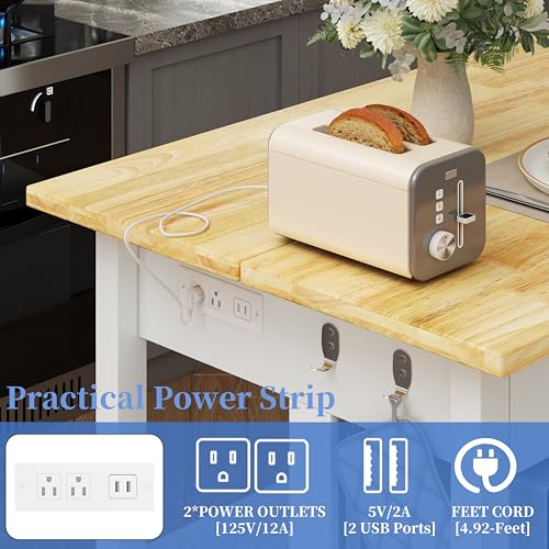 47.3" Solid Rubberwood Kitchen Island with Power Outlets - Extra Large Work Surface, 2 Drawers & Open Shelves Storage Cabinet for Kitchen Dining Room, Farmhouse Style (Grey)
