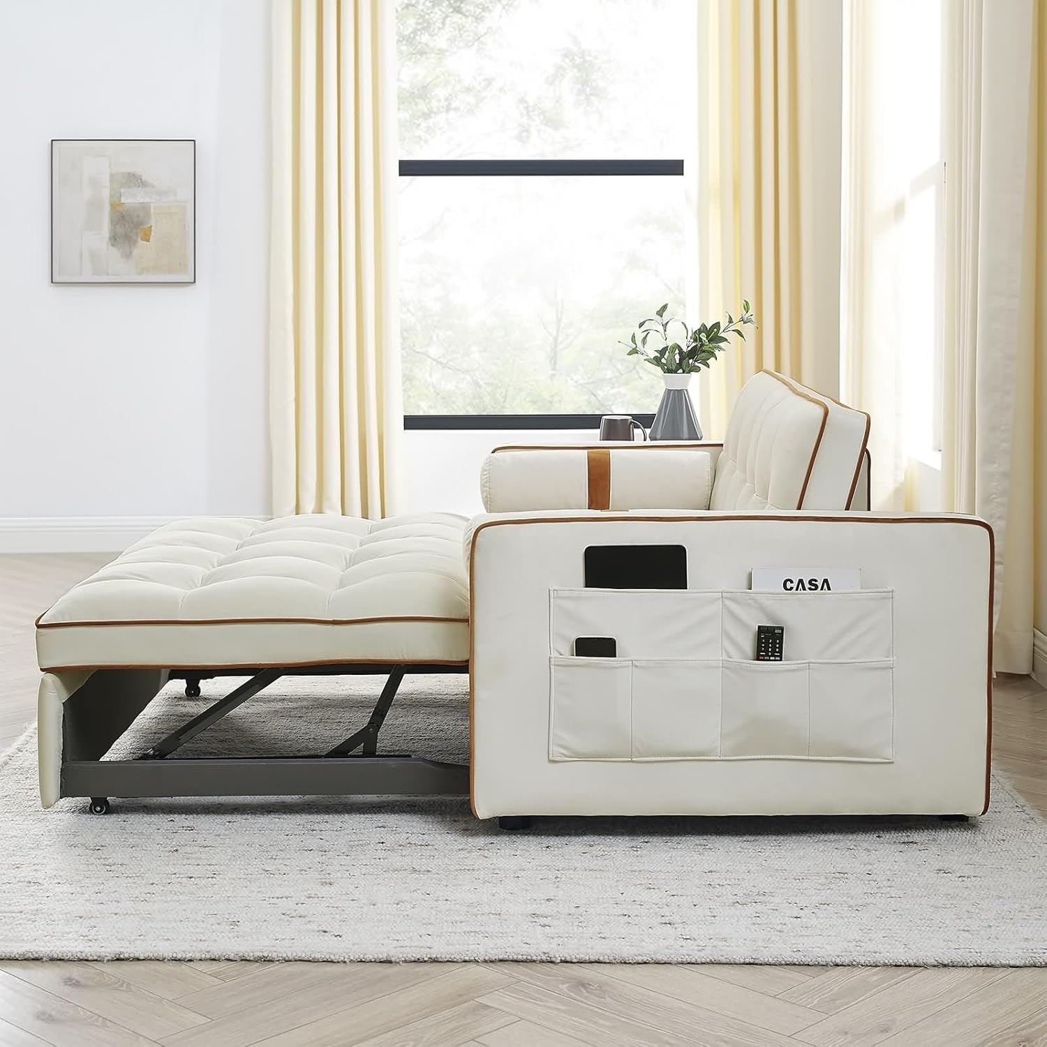 Modern 55.5" Pull Out Sleep Sofa Bed 2 Seater Loveseats Sofa Couch with Side Pockets, Adjsutable Backrest and Lumbar Pillows for Apartment Office Living Room, Beige