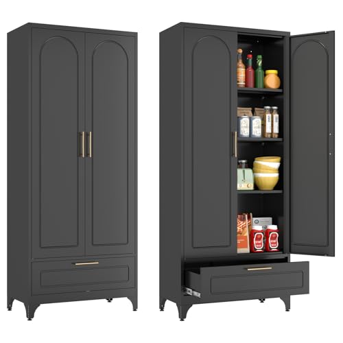 Metal Storage Cabinet with Doors and Shelves, 71 Inch Tall Kitchen Pantry Cabinet, Pantry Cabinets for Kitchen Storage, Freestanding Cupboard for Living, Dining Room, White, Assembly Required