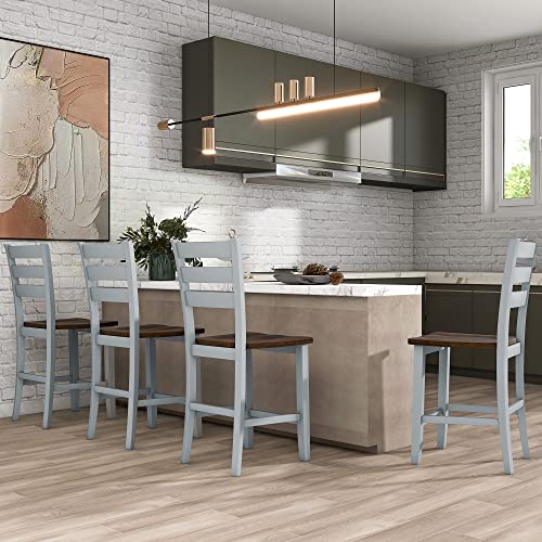 Counter Height Wood 5-Piece Dining Table Set with Drop Leaf, Space-Saving Kitchen Table Set with Wine Rack and Drawers, Rectangular Dining Table & 4 Chairs, Cherry+Gray