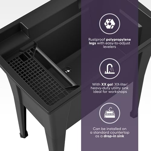 Standing Utility Sink with 1-Handle Pull-Down Gooseneck Faucet – 32” Utility Sinks for Laundry Room, Garage, Garden, Basement – Noah William Home Indoor and Outdoor Basement Wash Tub (Black)