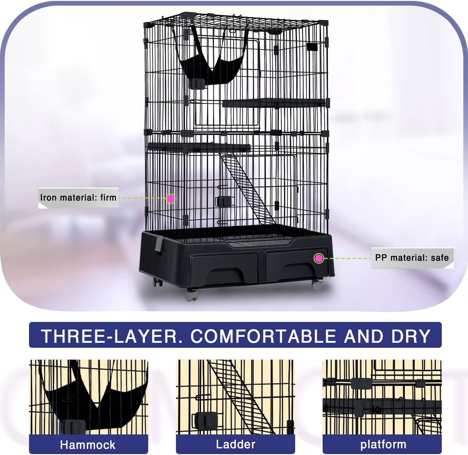 52 Inch Cat Cage Large Metal Wire Crate Cat Kennel Playpen with Litter Box & 2 Front Door & Ramp Ladders & 2 Resting Platforms Beds Tray Cage for Indoor