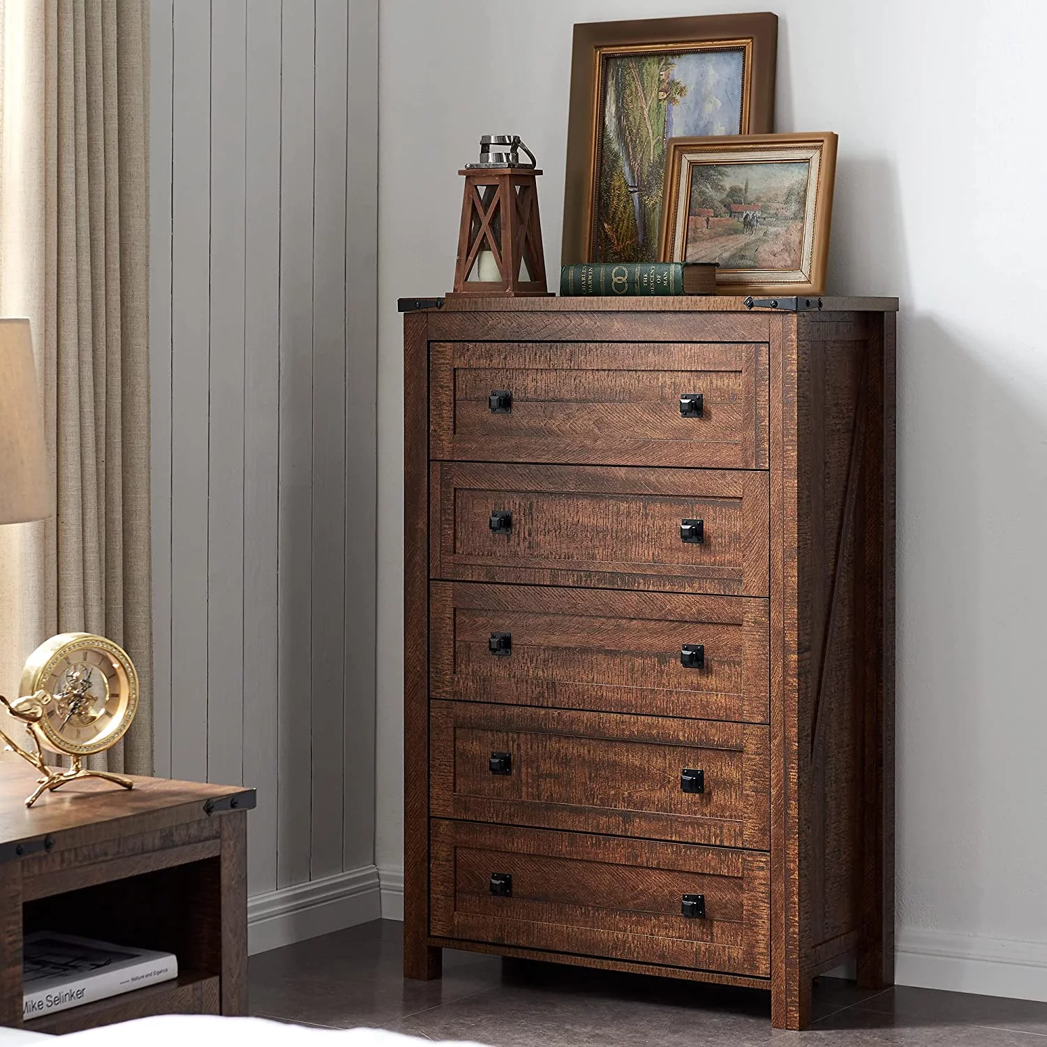 Farmhouse 5 Drawers Dresser Chests for Bedroom  Wood Rustic Tall Chset of Drawers Dressers Organizer for Bedroom  Living Room Hallway  Reclaimed Barnwood