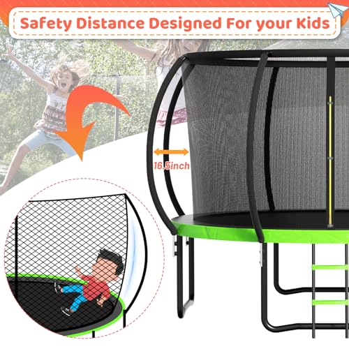 12FT 14FT 16FT Outdoor Trampoline for Kids & Adults, Recreational Trampoline w/Ladder & Safety Net, Heavy Duty Backyard Metal Trampoline, 400/450LBS Round Pumpkin Trampoline, ASTM Approved