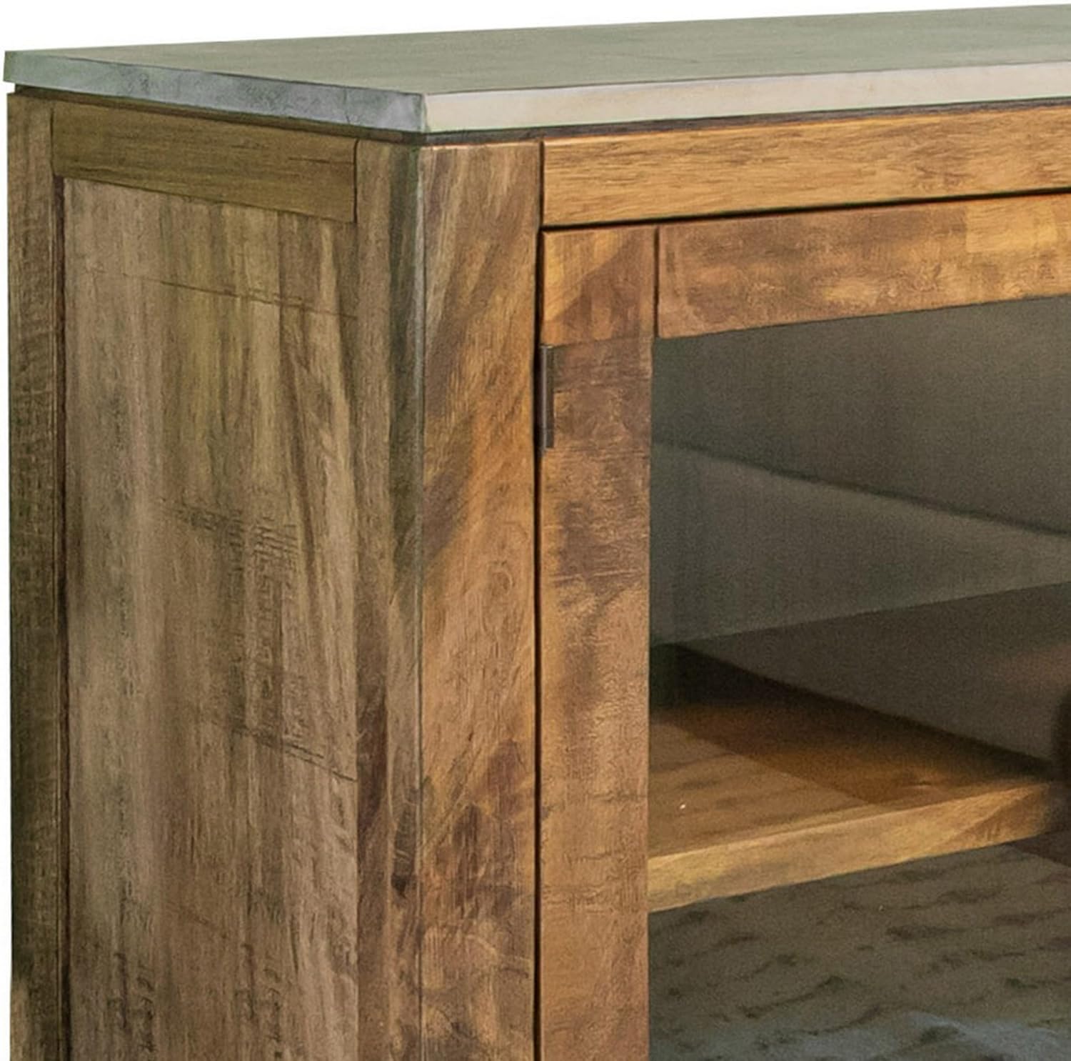 Benjara Asic 57 Inch Sideboard Console Cabinet, Glass Doors, Rustic Brown, Shelf