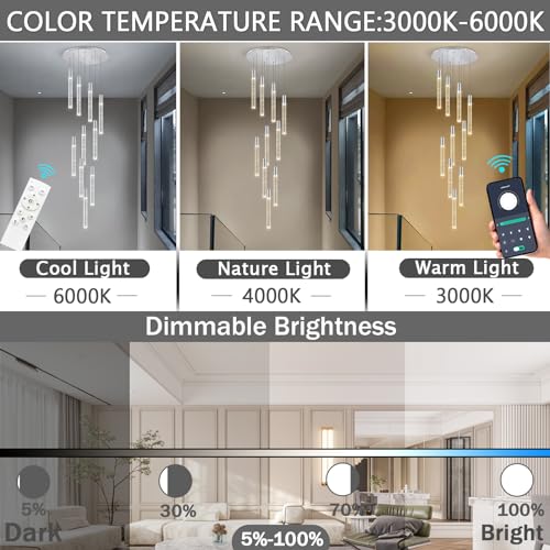 32-Lights Large Chandeliers for Entryway Modern Crystal High Ceiling Pendant Lights for Living Room Foyer Chandelier Gold Lighting Fixture with Remote Dimmable Light
