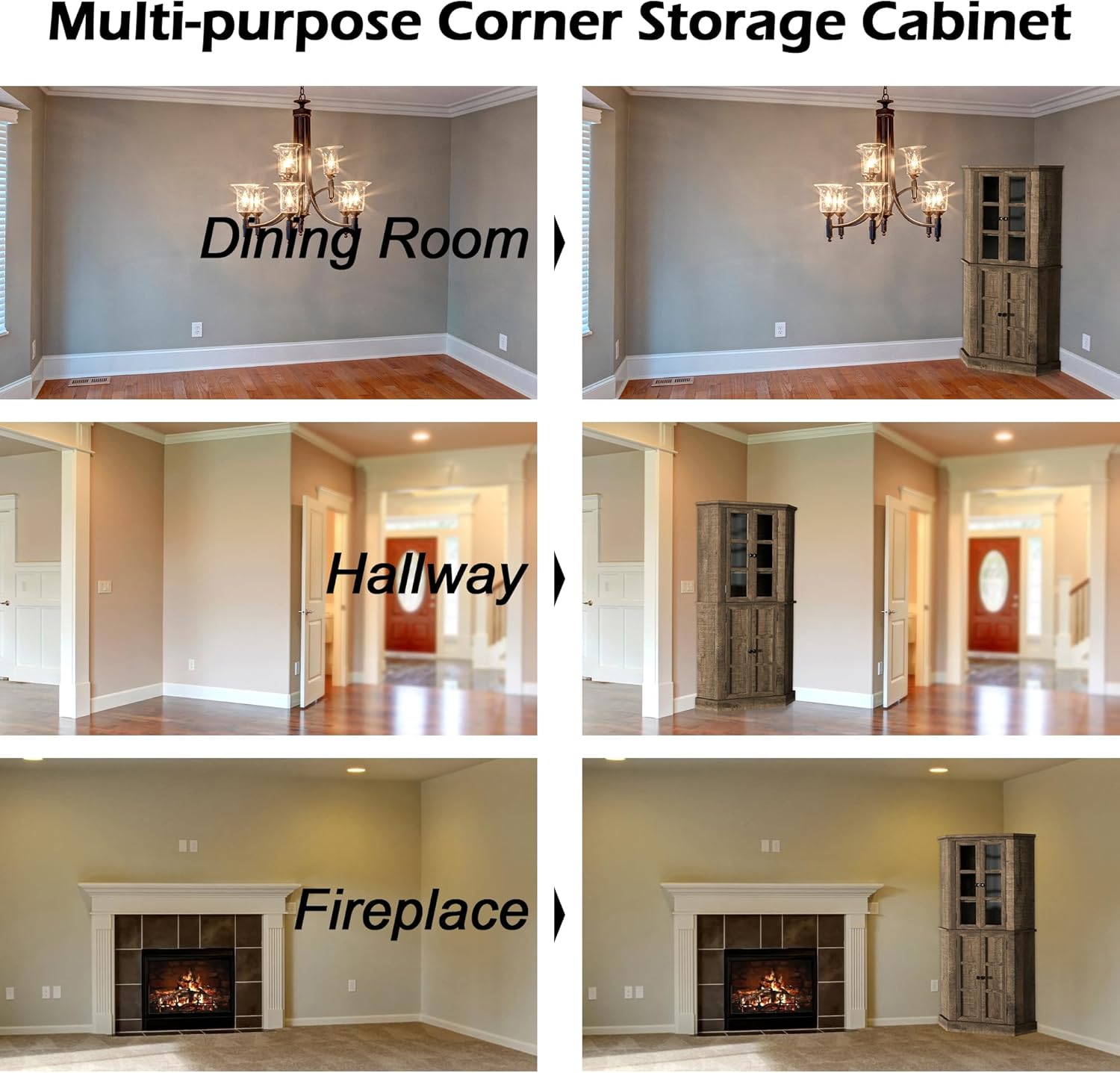 Corner Storage Cabinet, 67" Kitchen Corner Pantry Cabinet with Glass Doors, Farmhouse Tall Corner Curio Display Cabinet with Adjustable Shelves for Dining Room, Living Room, Rustic Brown