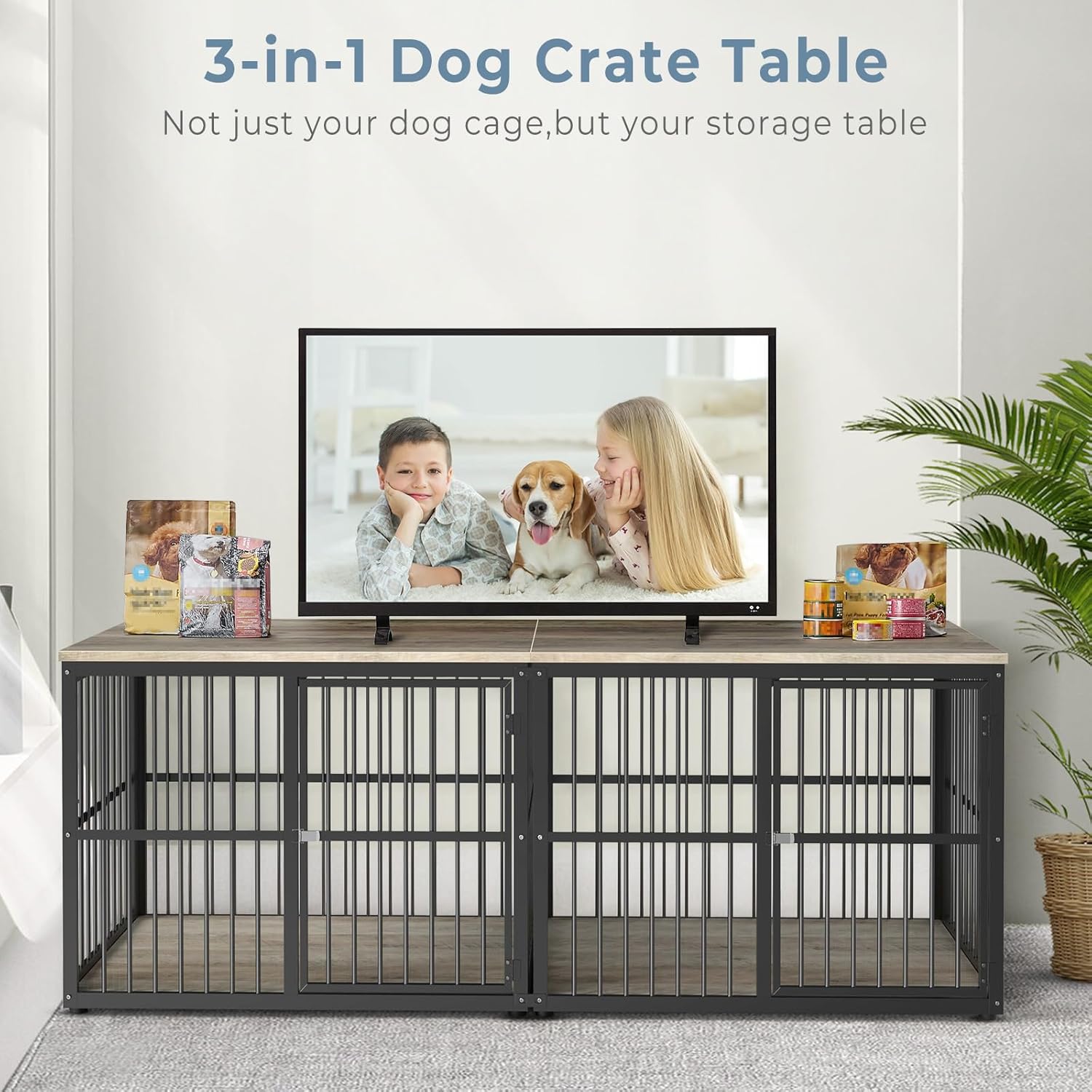 77.64''Dog Crate Furniture Large Breed TV Stand with Double Rooms,Wooden Dog Kennel Dog Crate End Table with Removable Divider for Large Medium Dogs, Can Use Separately