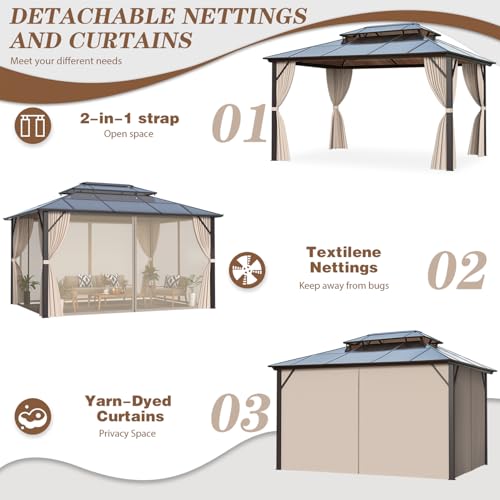 EROMMY 10' x 12' Hardtop Gazebo, Aluminum Frame Gazebos with Galvanized Steel Double Roof, Permanent Outdoor Metal Pavilion with Curtain and Netting for Patio, Lawn, Deck