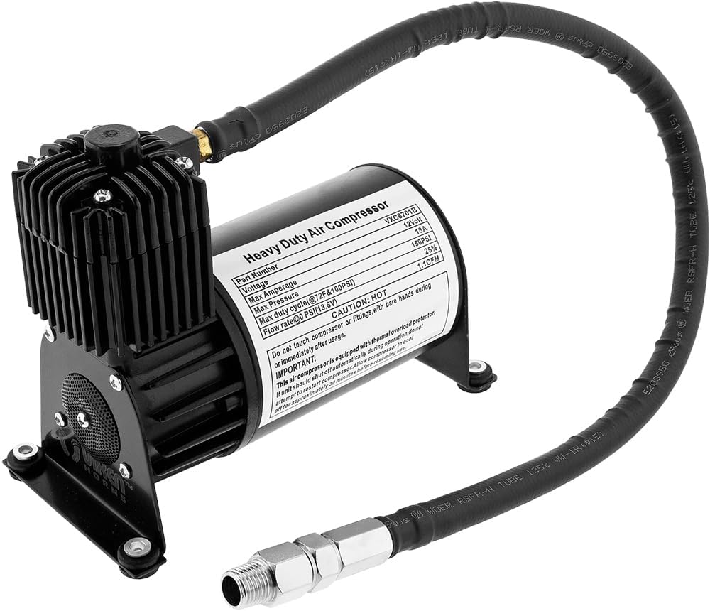 Vixen Horns Train Horn Kit for Trucks/Car/Semi. Complete Onboard System- 150psi Air Compressor, 1.5 Gallon Tank, 3 Trumpets. Super Loud dB. Fits Vehicles Like Pickup/Jeep/RV/SUV 12v VXO8715B/3118B