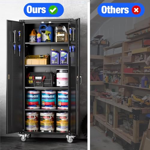 Aobabo Garage Storage Cabinet with Wheels,72" H Metal Storage Cabinet with 2 Doors and 4 Adjustable Shelves for Garage Home, Black,Required-Assembly