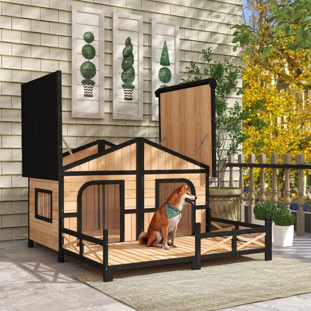 Dog House Outdoor Wooden Cabin House Style Wooden Dog Kennel with Porch Suitable for Small to Medium Sized Dogs Under 33 Lbs