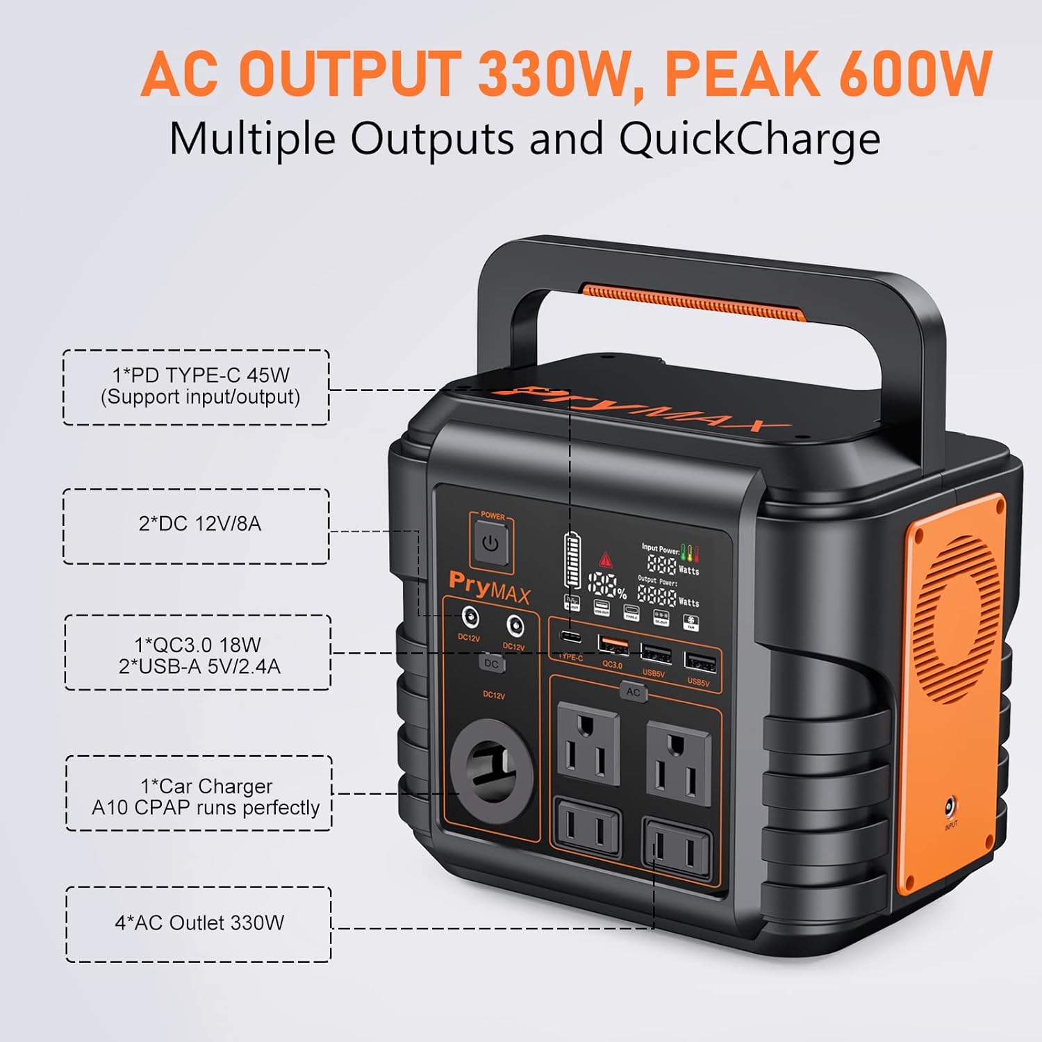 PryMAX Portable Power Station 296Wh/330W Outdoor Solar Generator Mobile Backup 80000 mAh Lithium Battery Supply, 110V Pure Sine Wave AC Outlet 300 for Hurricane ,Storm , Home Blackout, Outdoor Adventure, Camping, A10 CPAP