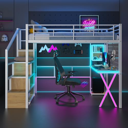 Full Size Loft Bed with Desk and Stairs,Metal Gaming Loft Bed Full with Wardrobe and Shelf, High Loft Bed with LED & USB Charging Station for Teens, Adults, Space Saving Design,Black