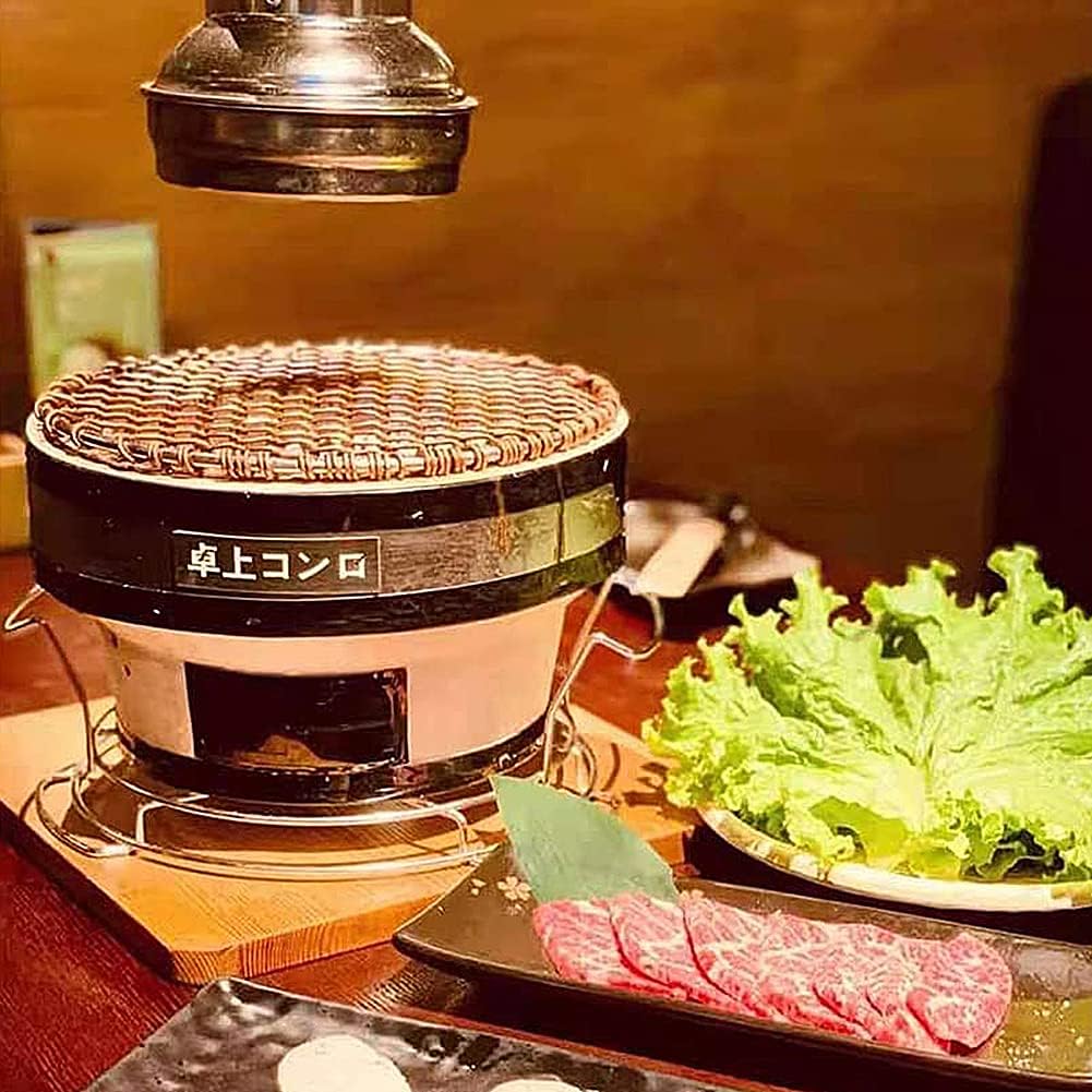 Japanese Ceramic Clay BBQ Hibachi Grill, Round Table Top Charcoal Barbecue Portable Yakitori Charcoal Stove with Tongs for Indoor Outdoor