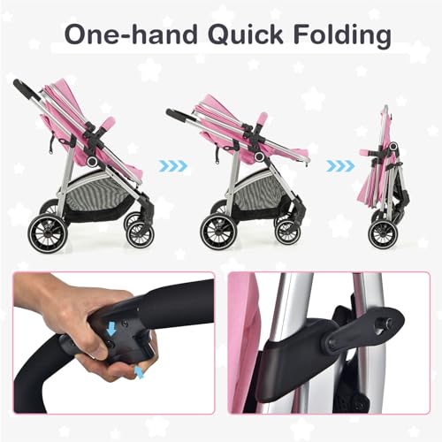BABY JOY 2 in 1 Convertible Baby Stroller, High Landscape w/Reversible Seat, Removable Footmuff, Adjustable Backrest & Canopy, Foldable Infant Pram Stroller for 0-36 Months Babies, Pink