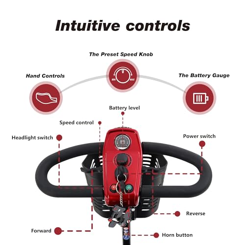 Outdoor Compact Mobility Scooter for Seniors, Foldable Electric Powered Mobile Wheelchair with Basket & Cup Holder 300 LBS Max Weight, Collapsible & Compact for Travel with Family (Red)