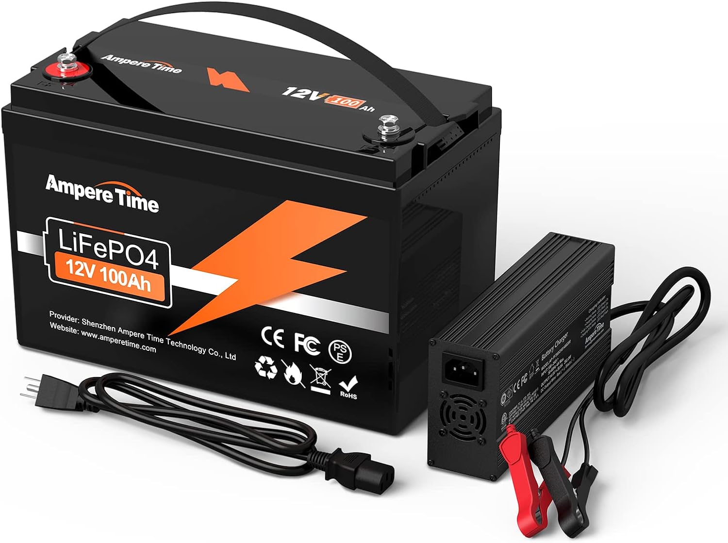 Ampere Time 12V 200Ah LiFePO4 Battery with 14.6V 20A Dedicated Lithium Battery Charger; Built-in 200A BMS, 4000+ Cycles, Perfect for RV, Solar, Marine, Overland, Off-Grid Application��
