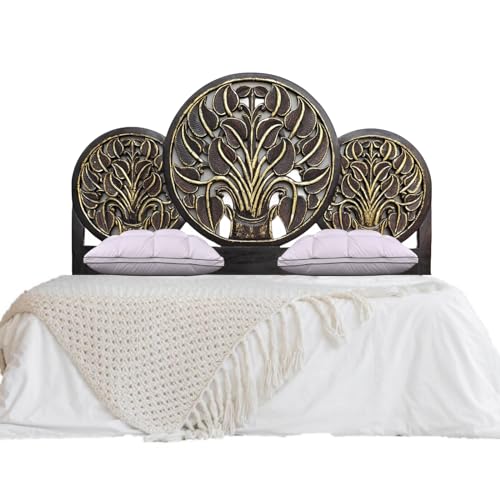 Hand Caved Half Moon King Engineered Wood Headboard Black Gold Antique Headboard Wall Mount Bed Headboard (Queen- 63x45x1 -inches)