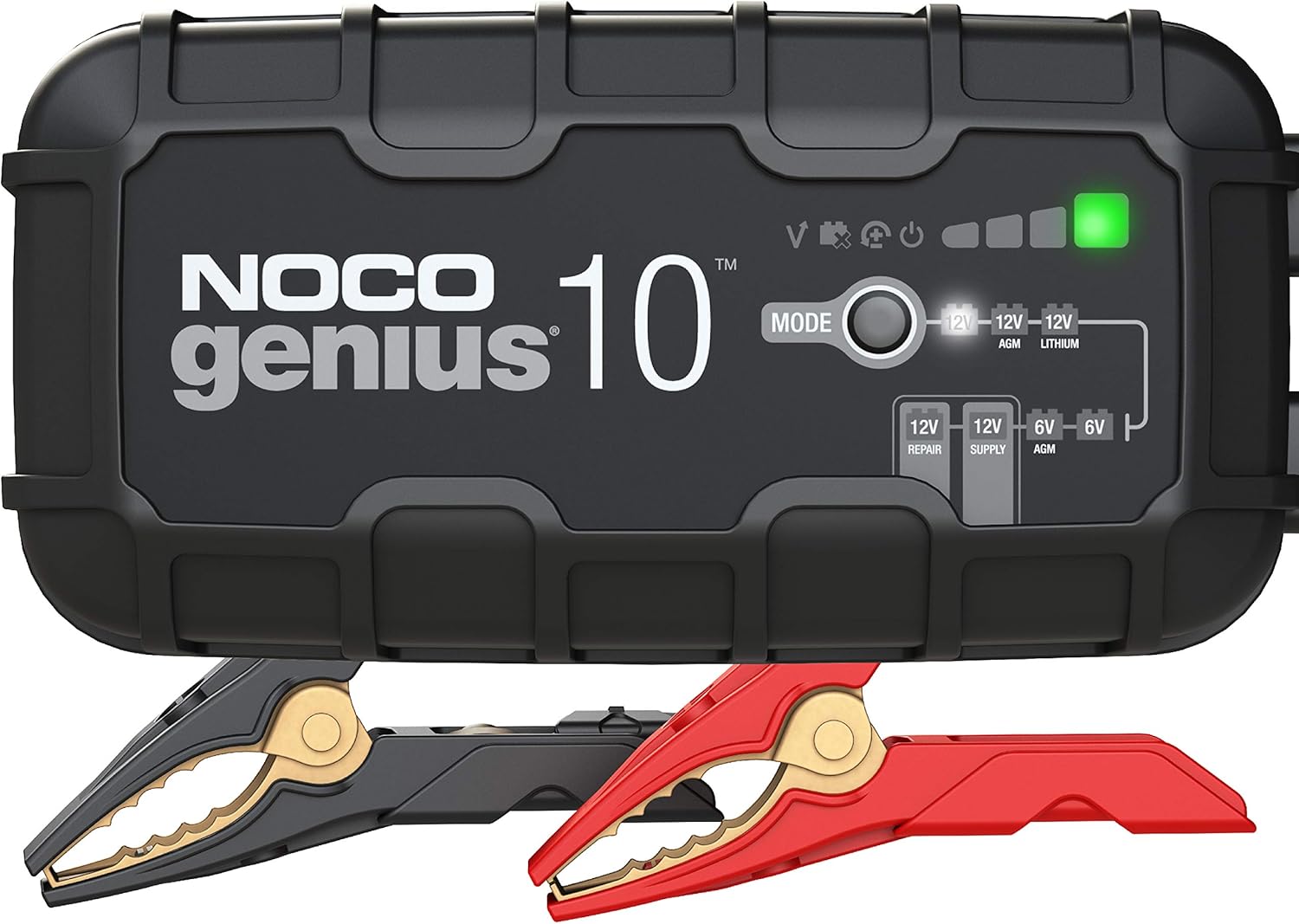 NOCO GENIUS10, 10-Amp Fully-Automatic Smart Charger, 6V and 12V Battery Charger, Battery Maintainer, Trickle Charger, and Battery Desulfator with Temperature Compensation , Black