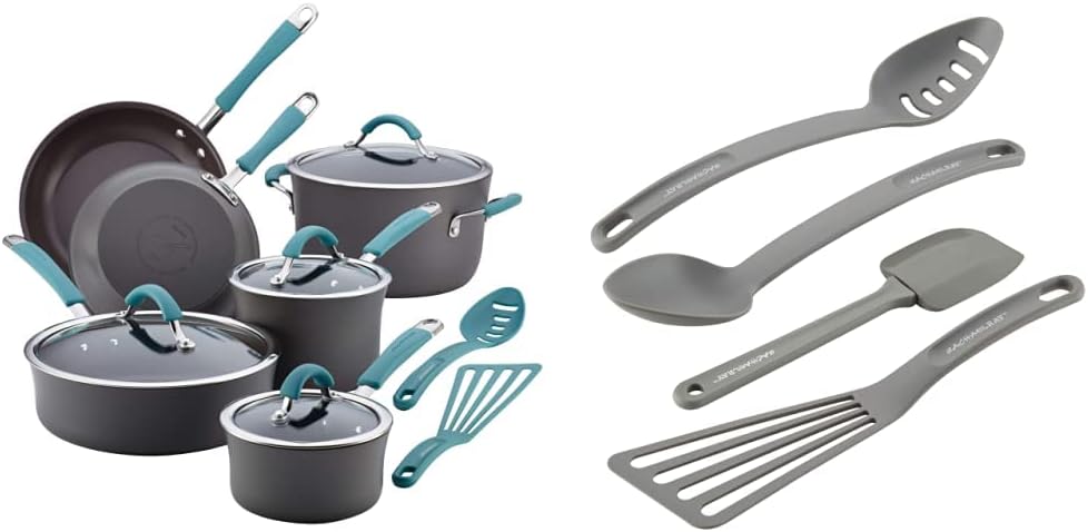 Rachael Ray - 87630 Rachael Ray Cucina Hard Anodized Nonstick Cookware Pots and Pans Set, 12 Piece, Gray with Red Handles