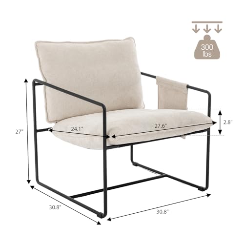 Sling Accent Chair Set of 2 Mid Century Modern Accent Chair with Metal Frame,Upholstered Reading Armchair with Side Pocket for Living Room,Bedroom (Beige)