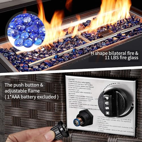 U-MAX 44in Outdoor Propane Gas Fire Pit Table, 50,000 BTU Auto-Ignition Gas Firepit with Glass Wind Guard, Black Tempered Glass Tabletop & Blue Glass Rock, Brown PE Rattan, CSA Certification