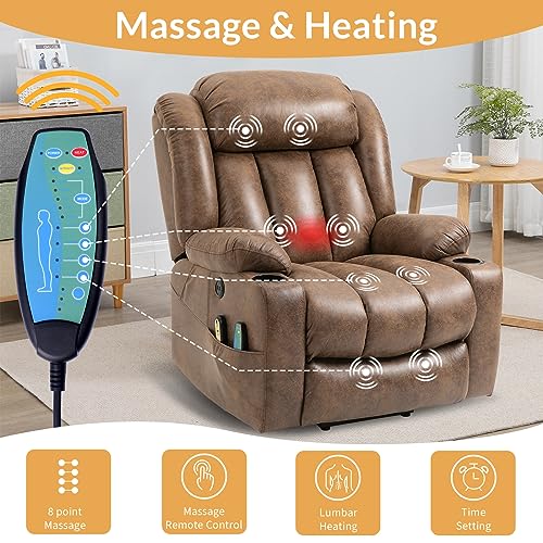 Large Electric Power Lift Recliner Chair with Extended Footrest for Elderly Big, Extra Large and Wide Reclining Sofa for Living Room, Home Theater Seating with Massage and Heat(Brown)