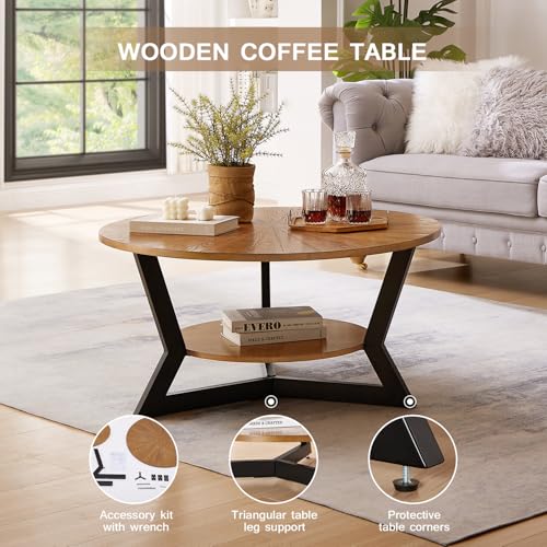 Coffee Table, Round Wood Coffee Table for Living Room with 2-Tier Table Top with Storage Rack, Metal Leg Triangle Support Design, Home Furniture, 35 x 35 x 17 in