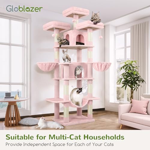 Globlazer Big Cat Tower for Indoor Cats, 80inch Cat Tower for Multiple Adult Cats XXL Cat Tree with Scratching Post, Hammock, 3 Perches, 2 Condos, 2 Hanging Basket, F80, Light Grey