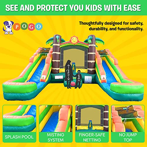 Pogo Bounce House Crossover Tropical Inflatable Bounce with Double Inflatable Water Slides for Kids, 16.5 x 15 x 11 Foot, Bouncy House, Commercial Outdoor Party Bouncer with Blower, Stakes, Bag