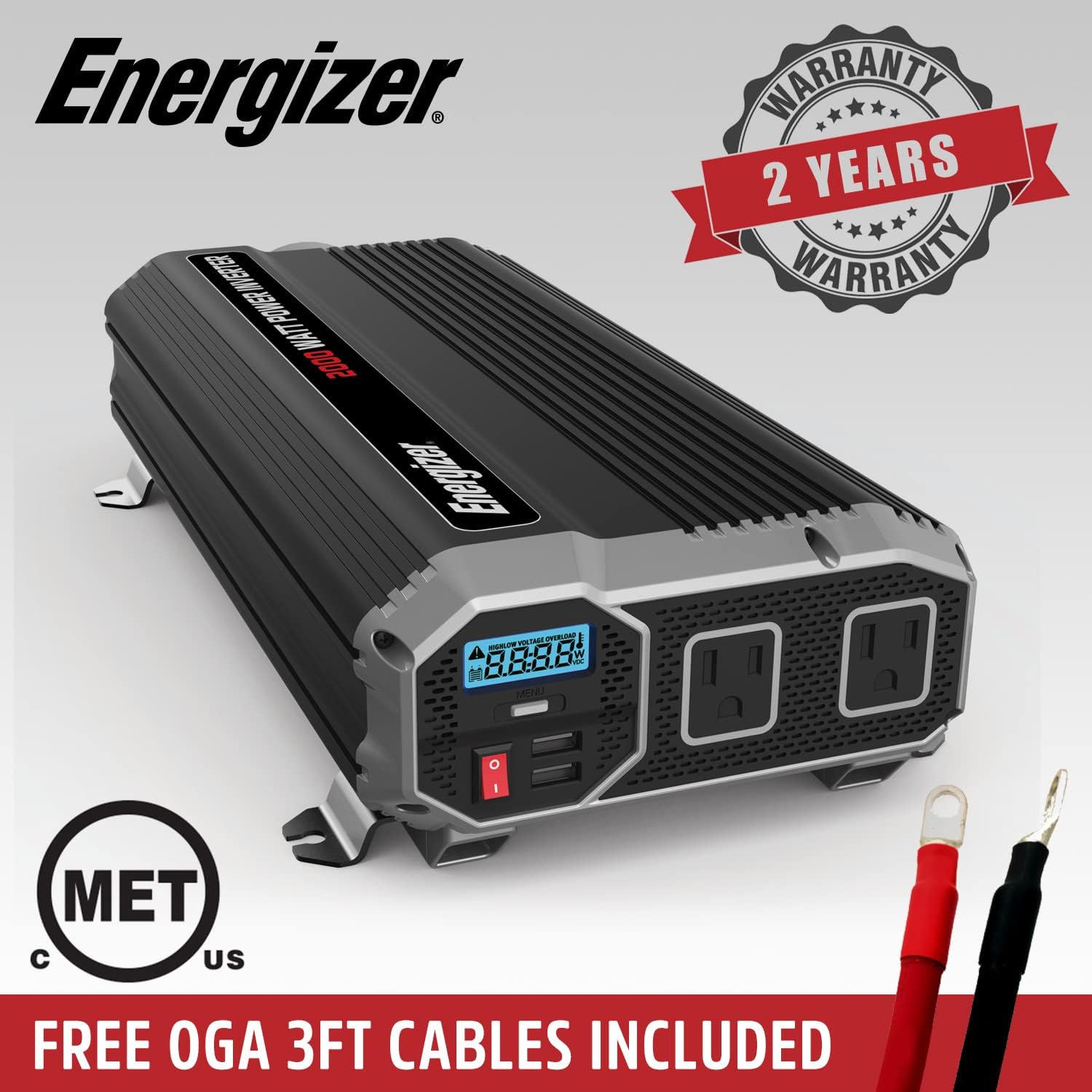 Energizer 4000 Watts Power Inverter Modified Sine Wave Car Inverter, 12V to 110 Volts, Two AC Outlets, Two USB Ports (2.4 Amp), Hardwire Kit, Battery Cables Included – ETL Approved Under UL STD 458