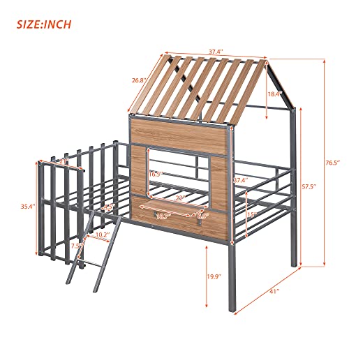 Harper & Bright Designs Kids House Beds Low Loft Bed Frame with Roof, Window, Guardrail and Ladder, Metal Twin Size Loft Bed for Kids Teens Girls Boys (Twin, White)