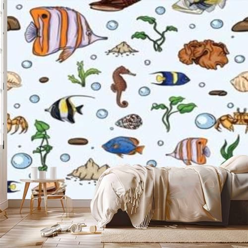 Peel and Stick Wallpaper Cute underwater world sea jellyfish seaweed cartoon style Deep ocean Canvas Wallpaper Wall Decor Wall Art Removable Wall mural for Room Decor Bedroom Living Room Furniture