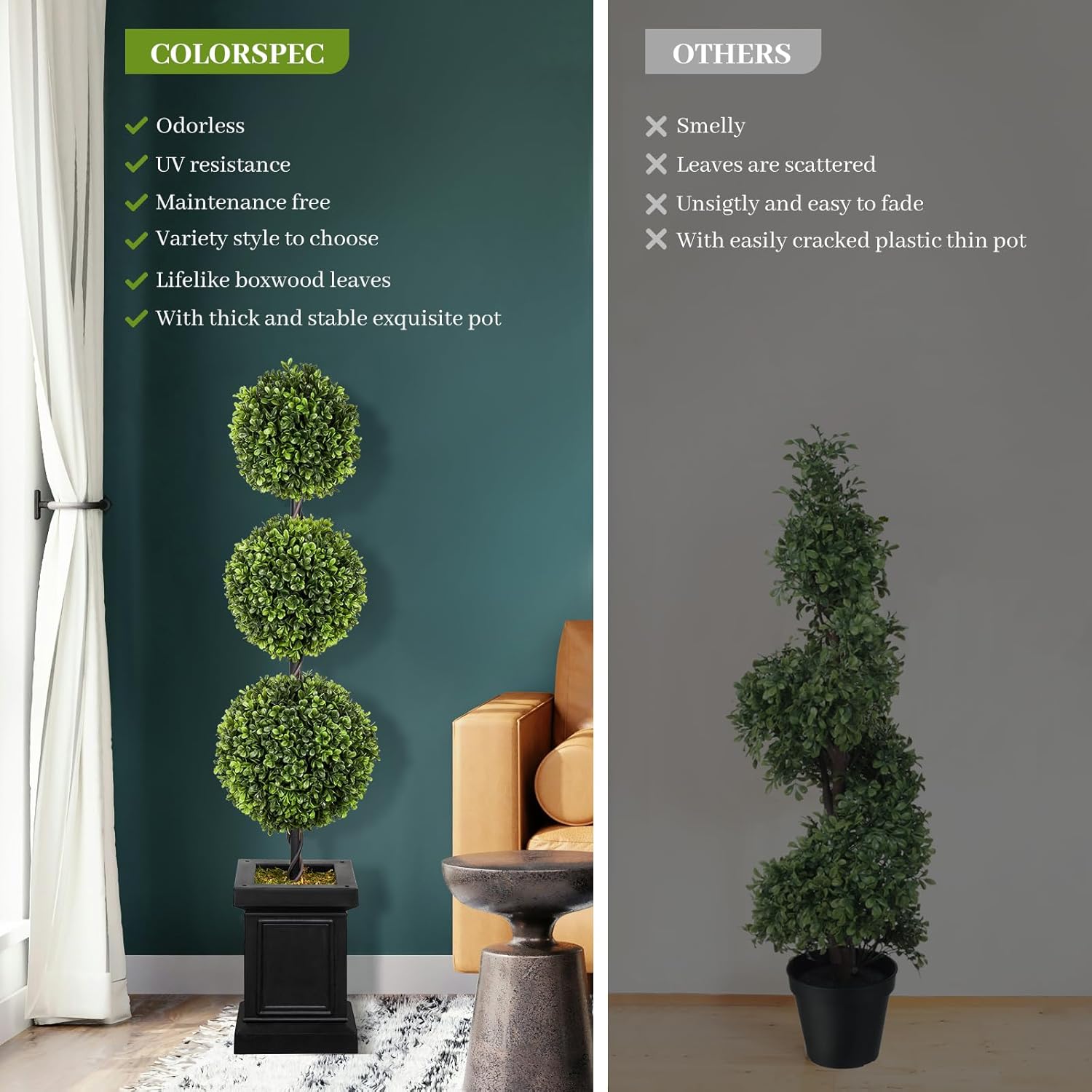 Artificial Topiary Outdoor Set of 2, 3.5ft Boxwood Outdoor Porch Trees, All-Year Green Fake Plant Topiary Trees Artificial Outdoor with Sturdy Pot for Porch Outdoor Indoor (Ball)