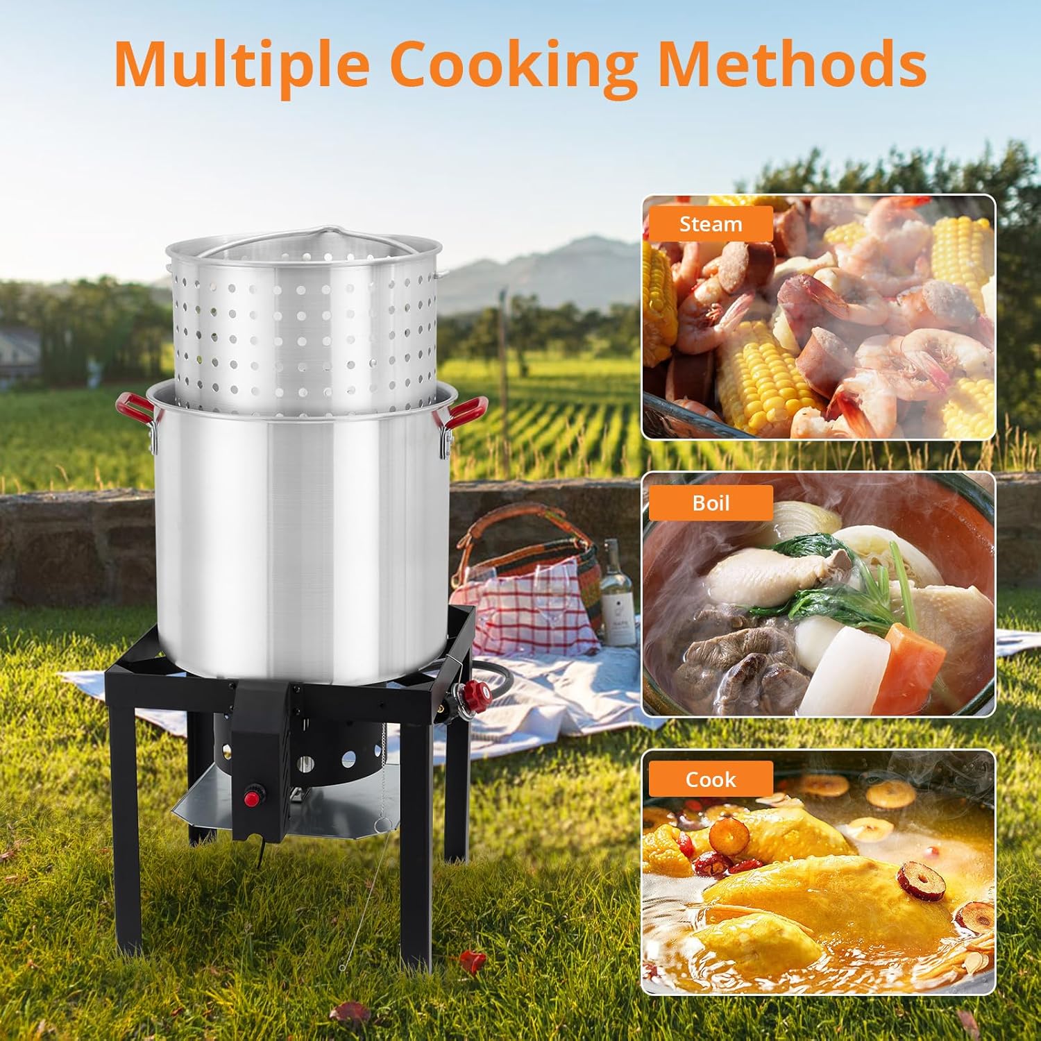 80 Qt Seafood Boil Pot, Aluminum Crawfish Boiler with Steam/Boil Basket & Strainer, 110000BTU Propane Jet Burner w/Support Rack & Lifting Hook, 0-10 PSI Regulator, Outdoor Cooking Shrimp Crab Boiler