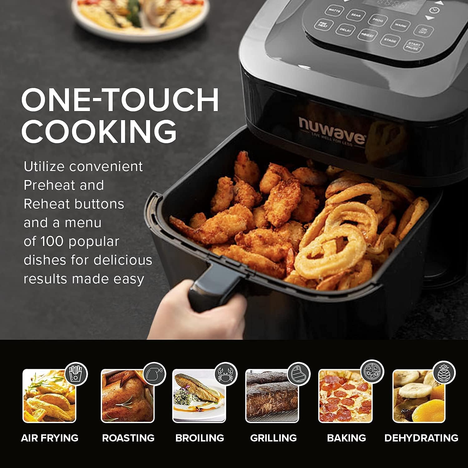 NUWAVE Brio Digital Air Fryer 7.25-Quart with One-Touch Digital Controls, 100 Easy Presets, Precise Temperature Control, Reversible-Rack, Recipe Book, Wattage Control, and Advanced Functions like PREHEAT and REHEAT