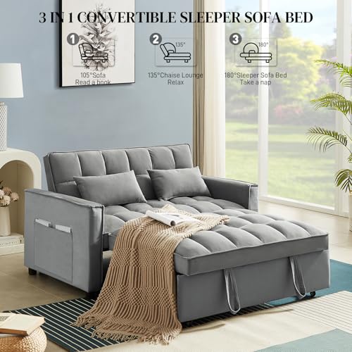 3 in 1 Convertible Sleeper Sofa Bed with Pullout Bed, Small Sofa, Loveseat Futon Sofa with Pillows, Pockets, Adjustable Backrest, Velvet Futon Couch Bed for RV, Living Room, Beige