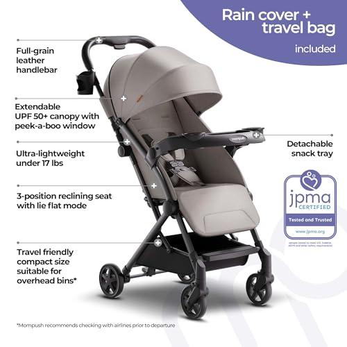 Mompush Lithe V2 Lightweight Stroller + Snack Tray, Ultra-Compact Fold & Airplane Ready Travel Stroller, Near Flat Recline Seat, Cup Holder, Raincover & Travelbag Included