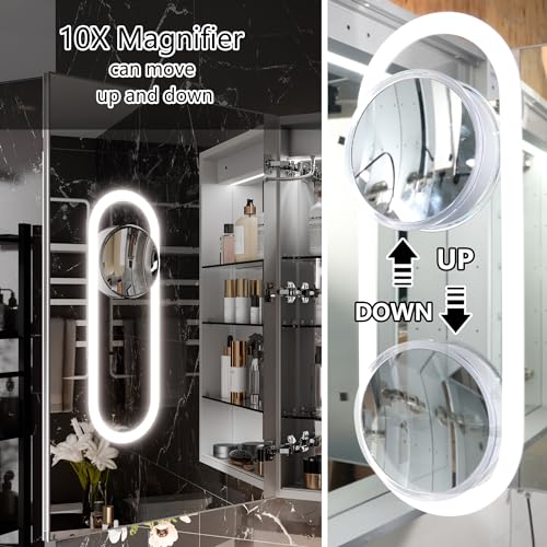 Smart Lighted Medicine Cabinet with Mirror, 24" x 36" LED Medicine Cabinet Mirror for Bathroom with Built-in High-Power Outlet, Stepless Dimming & Anti-Fog, Right Hinge