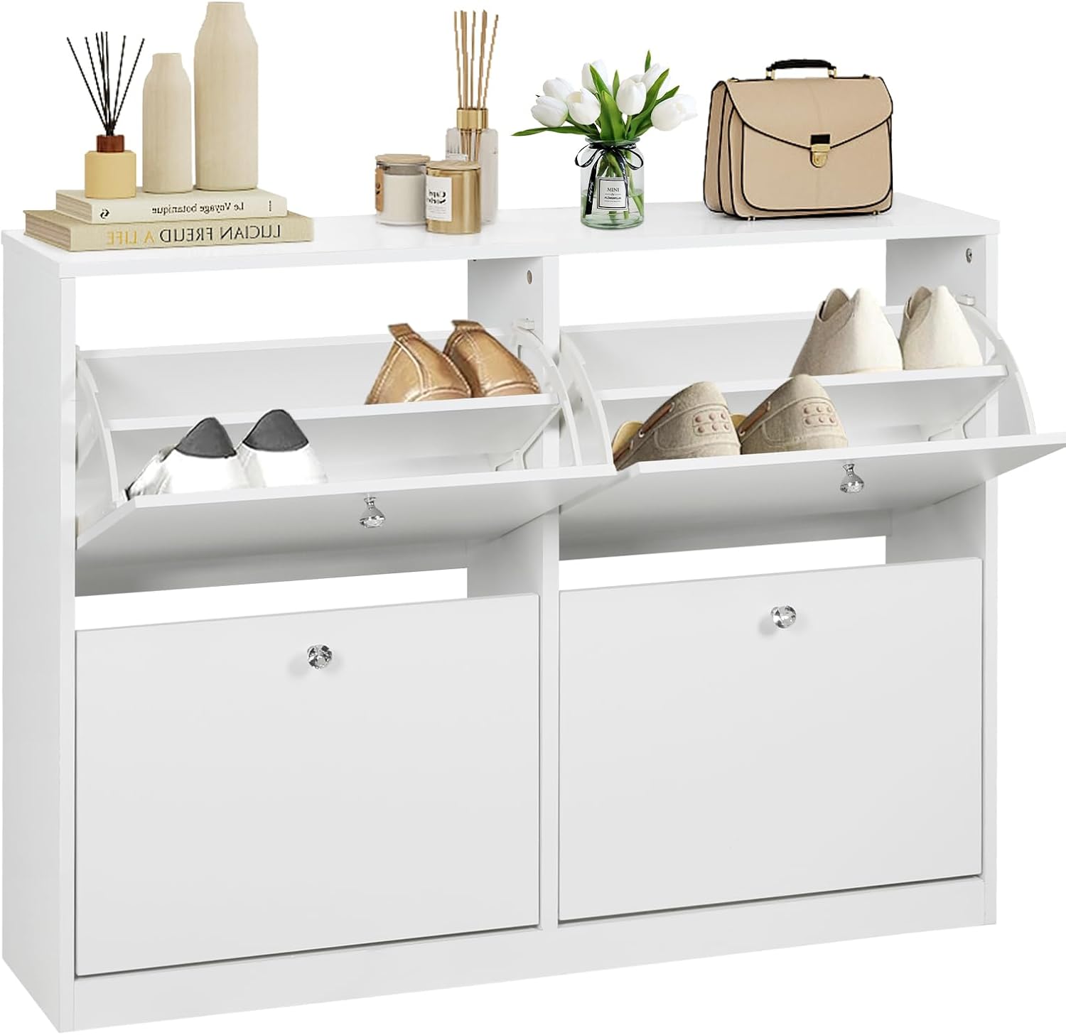HOPUBUY Shoe Cabinet Storage for Entryway, White Shoe Organizer Cabinet with 4 2-layer Flip Drawers, Hidden Narrow Shoe Rack with for Hallway, Living Room
