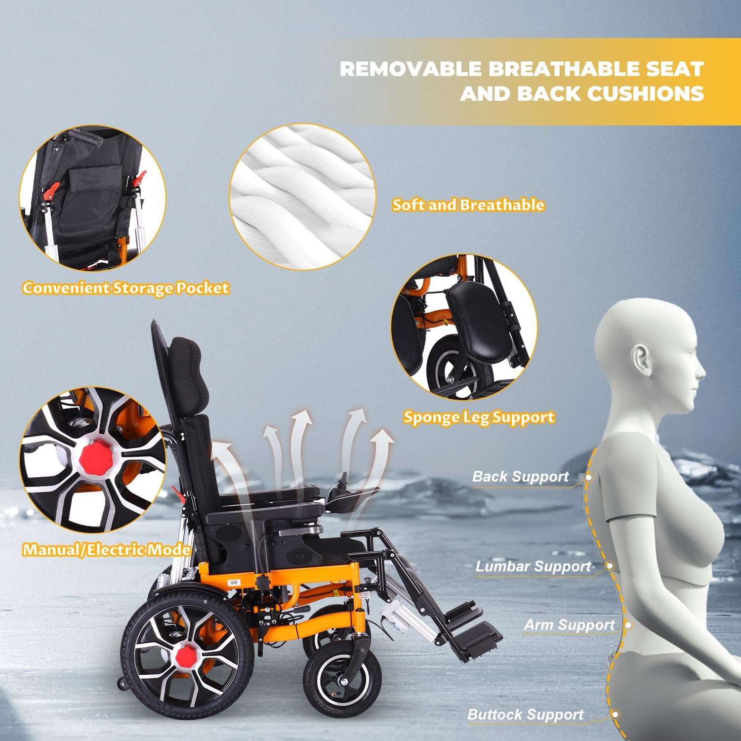 Reclining Electric Wheelchair for Adults Lightweight Foldable,20" Seat Width All Terrain Motorized Wheelchair for Seniors Portable,20 Miles Long Travel Range Power Wheelchair-Airline Approved
