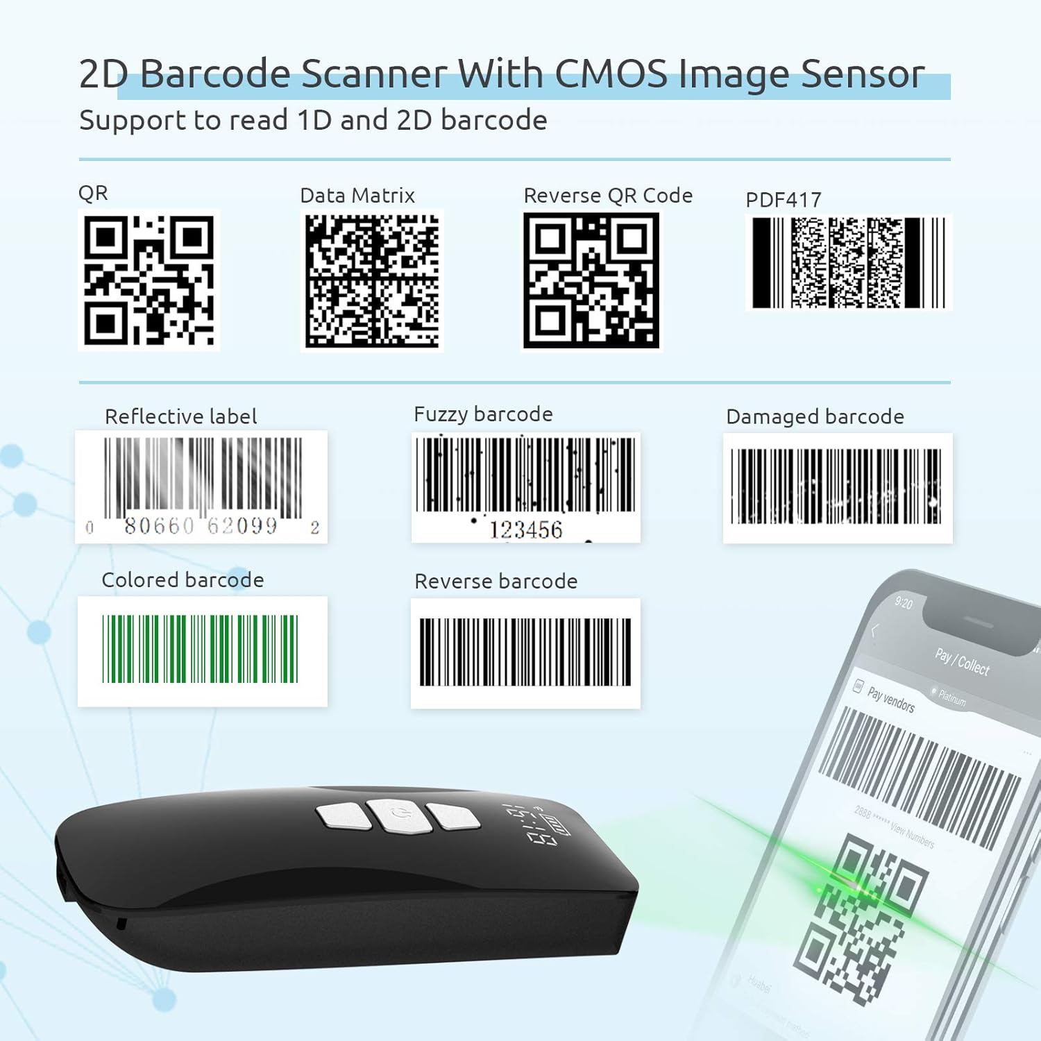 NADAMOO Cordless Barcode Scanner, Portable Mini 1D 2D QR Bar Code Reader Connect to Phone Tablet Computer Laptop for Warehouse Store Library Pack of 2