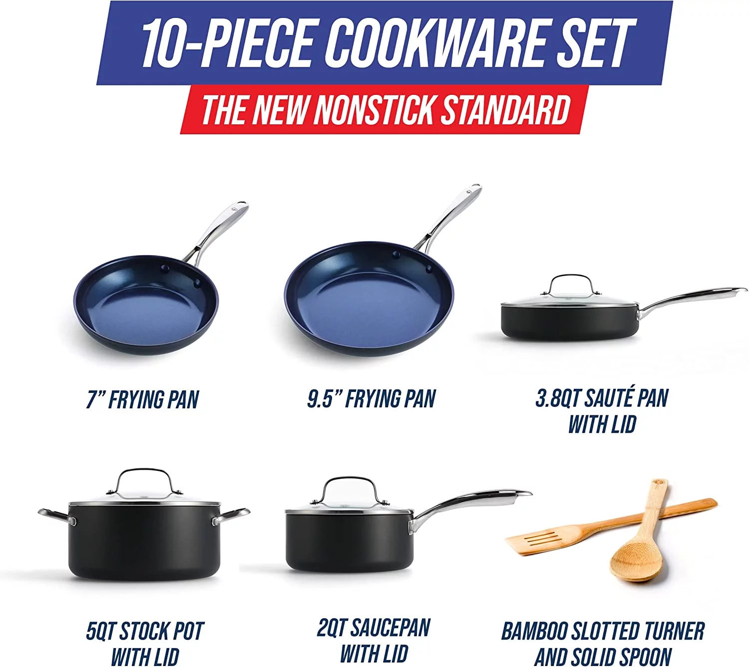 Blue Diamond Hard Anodized Toxin-Free Ceramic Nonstick Dishwasher, Oven, Broiler, Metal Utensil Safe Cookware Pots and Pans Set, 10-Piece