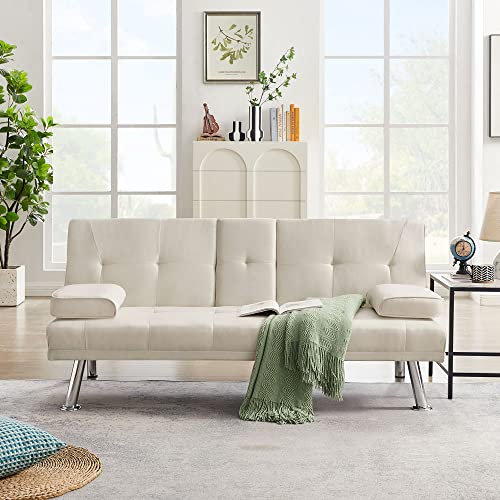 Convertible Folding Futon Sofa Bed,PU Leather Upholstered Modern Couch Loveseat Sleeper, Folding Daybed Guest Bed, Removable Armrests, 2 Cup Holders, Metal Legs (Beige)