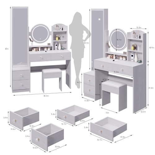 Makeup Vanity Set Touch Control 3 Color Brightness Adjustable Lights Mirror Dressing Table Set with Full Body Mirror Make up Desk with Cabinet Stool Simple Fashionable White Oak